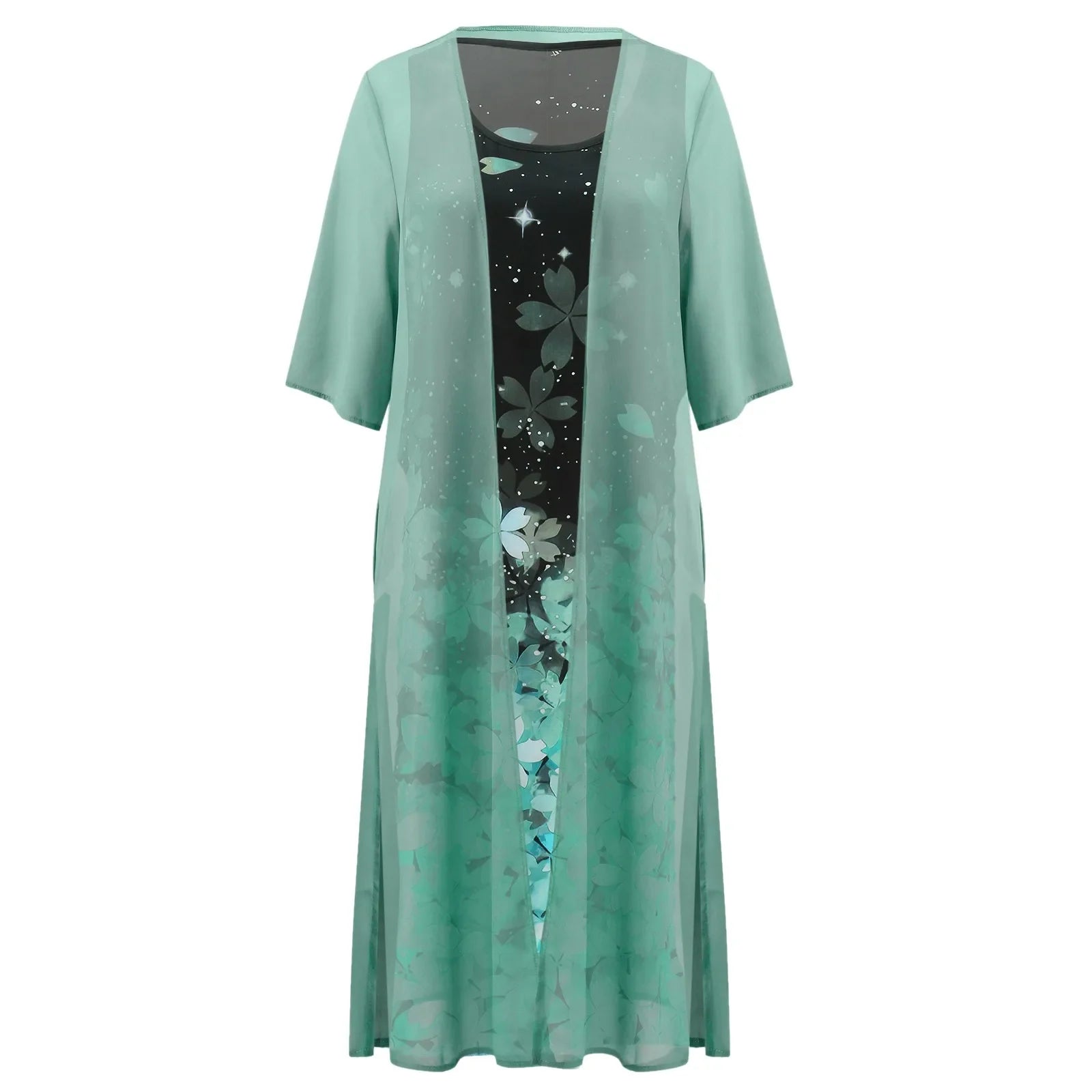 Vintage Kaftan Flower Ink Painting With Cardigan Shawl Sets Tunic Casual Women's Dress