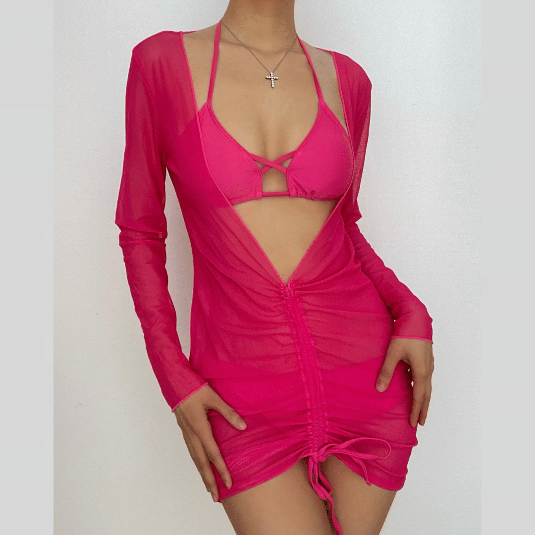 Solid cross back halter long sleeve ruched mini dress 3 piece swimwear - Fashionpara