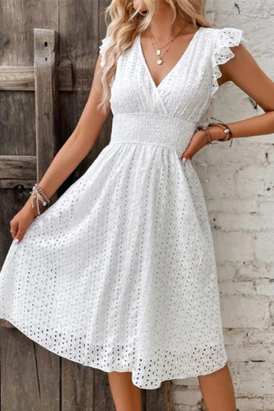 V-Neck Lace Waist Mini Dress