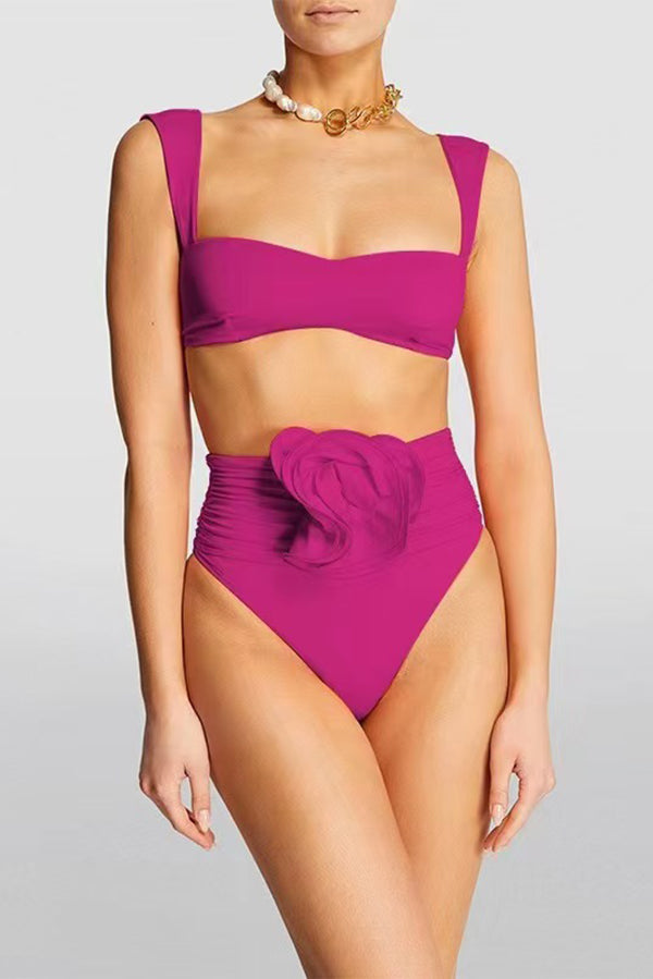 Solid Color Square Neck High Waist 3D Floral Stretch Bikini Swimsuit