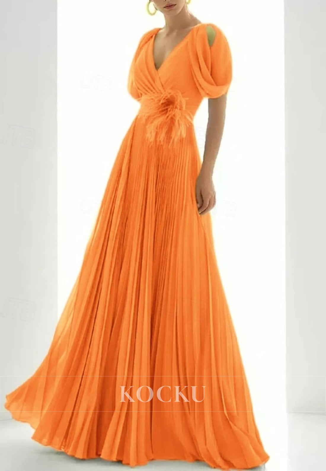 Elegant V - Neck Lime Green Gown with Puffed Short Sleeves and Feather Embellishment