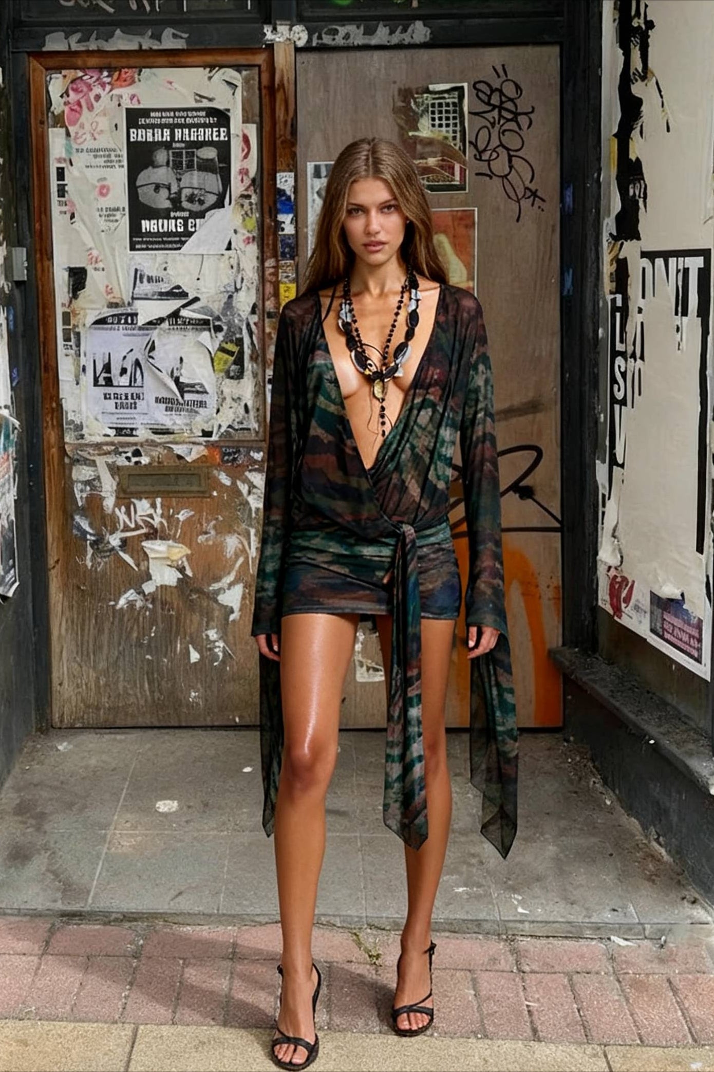 Tie-Dye Deep V Neck Backless Mini Dress