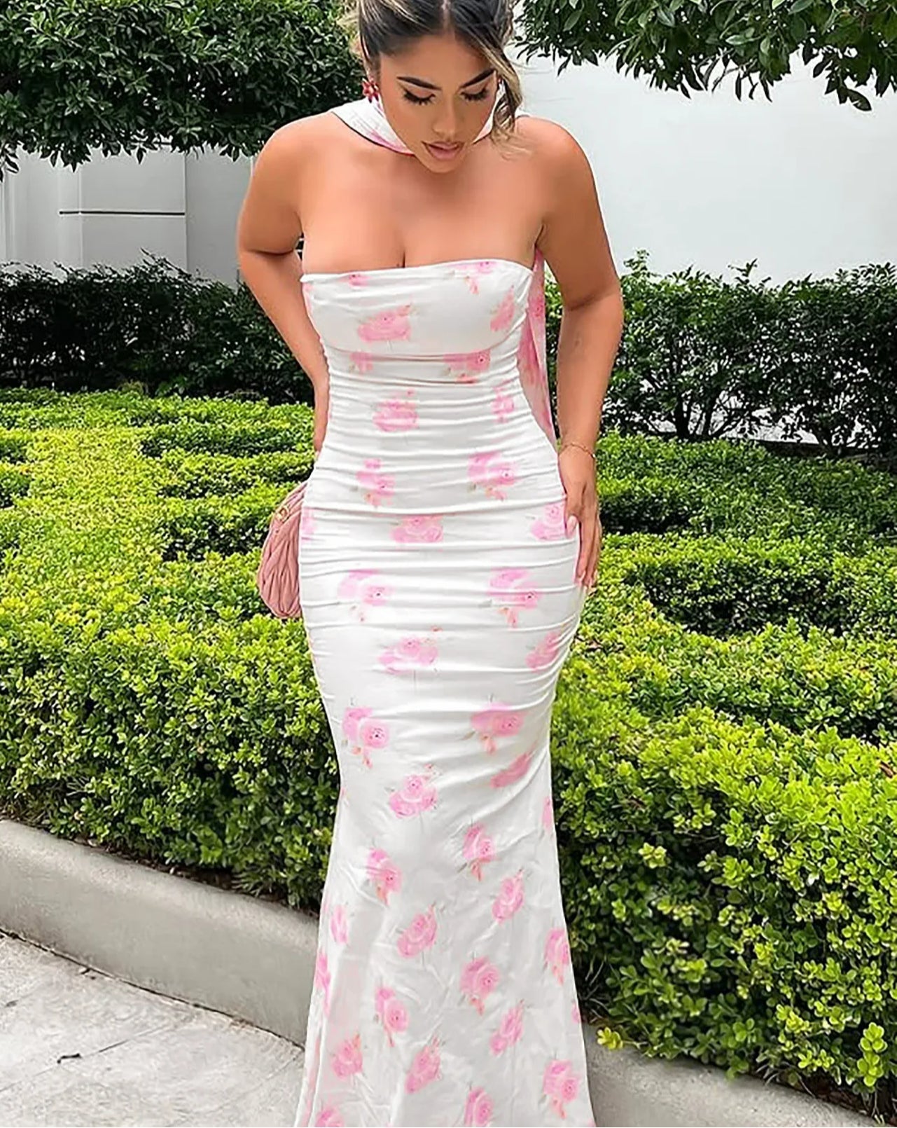 Floral Strapless Ribbon Maxi Dress