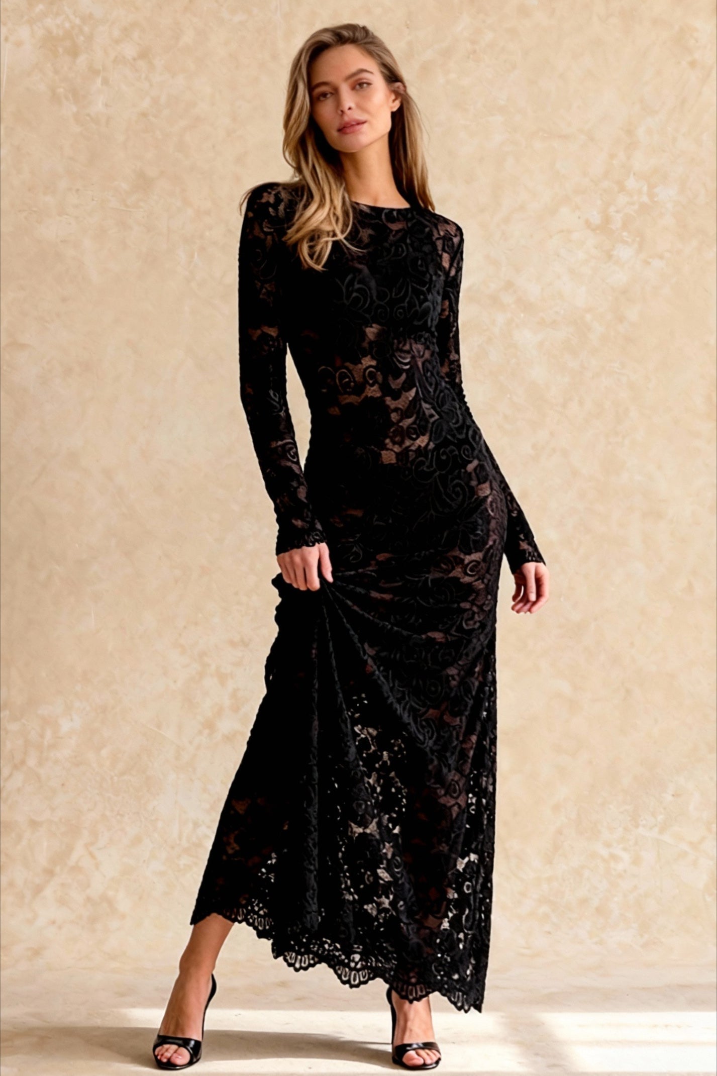 Jacquard Sheer Lace Long Sleeve Mermaid Maxi Dress