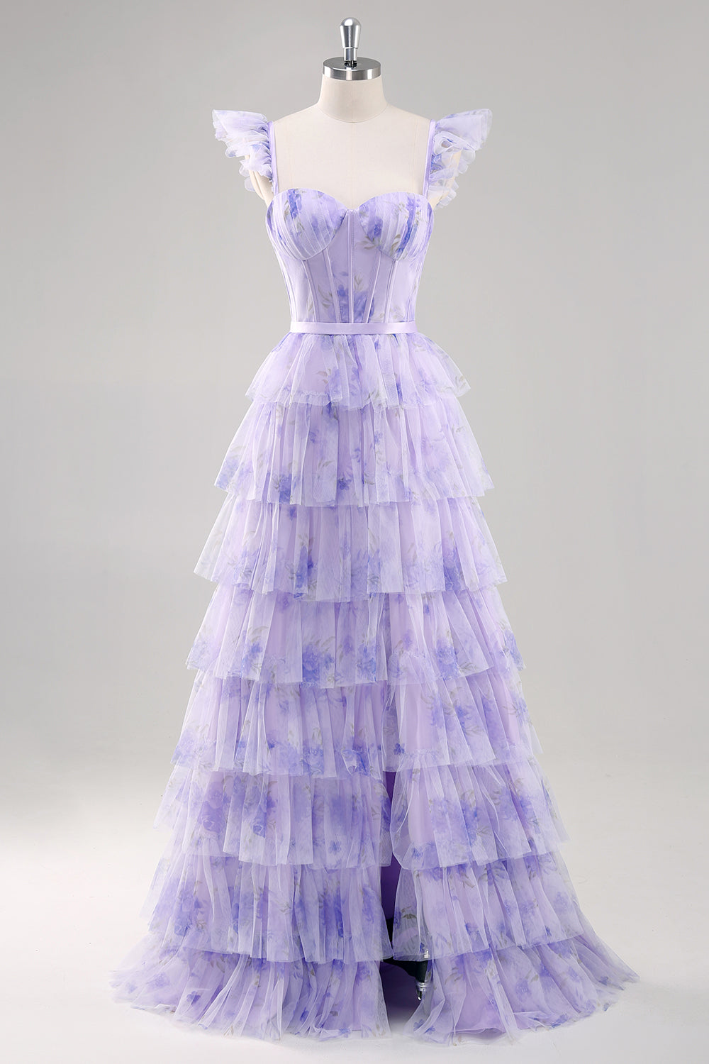 Lavender A Line Tiered Tulle Long Prom Dress with Slit