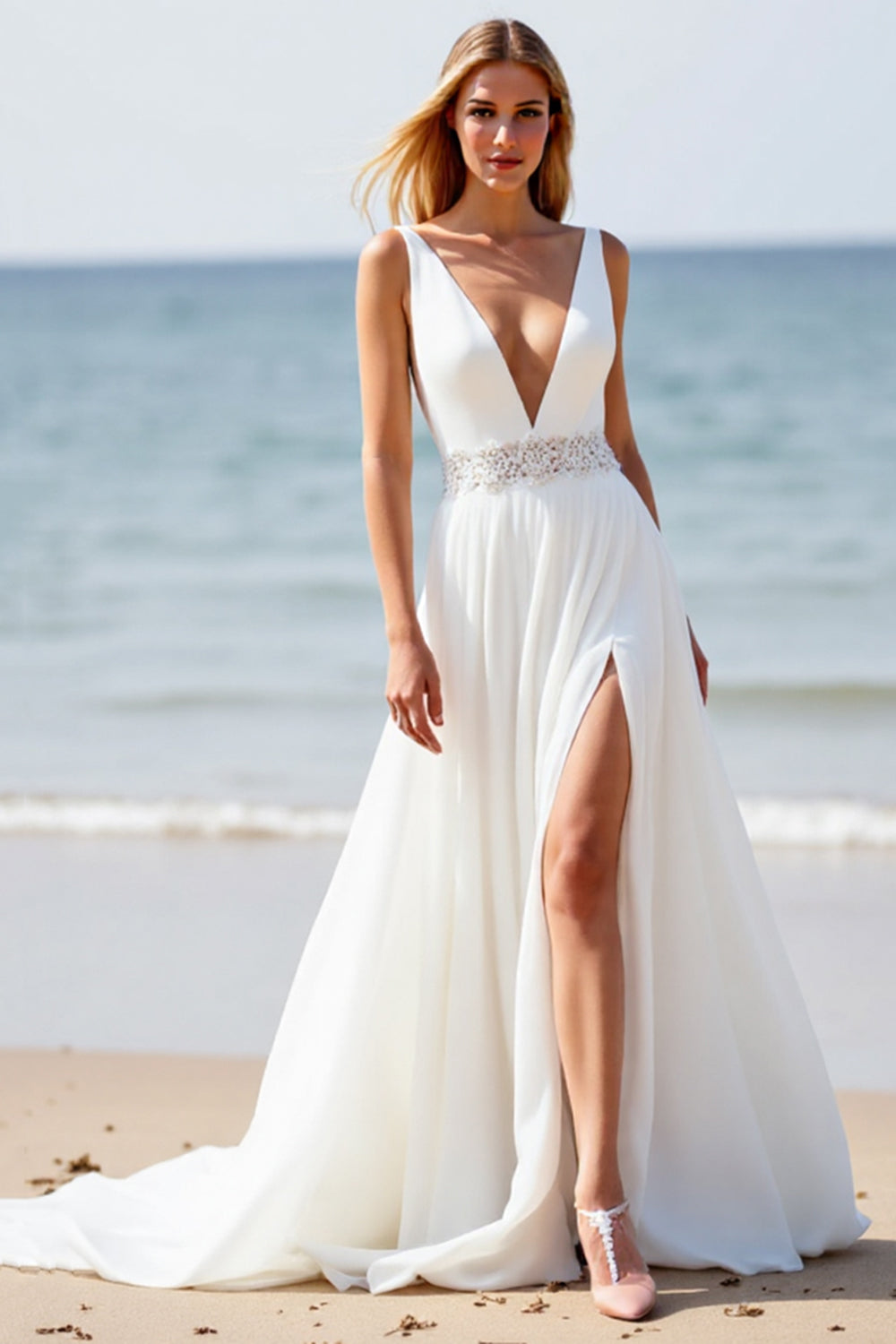 White Chiffon A Line Boho Sweep Train Wedding Dress with Slit