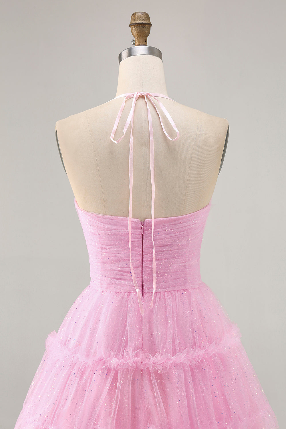 Glitter Halter Cut Out Pink Ruffled A-Line Homecoming Dress