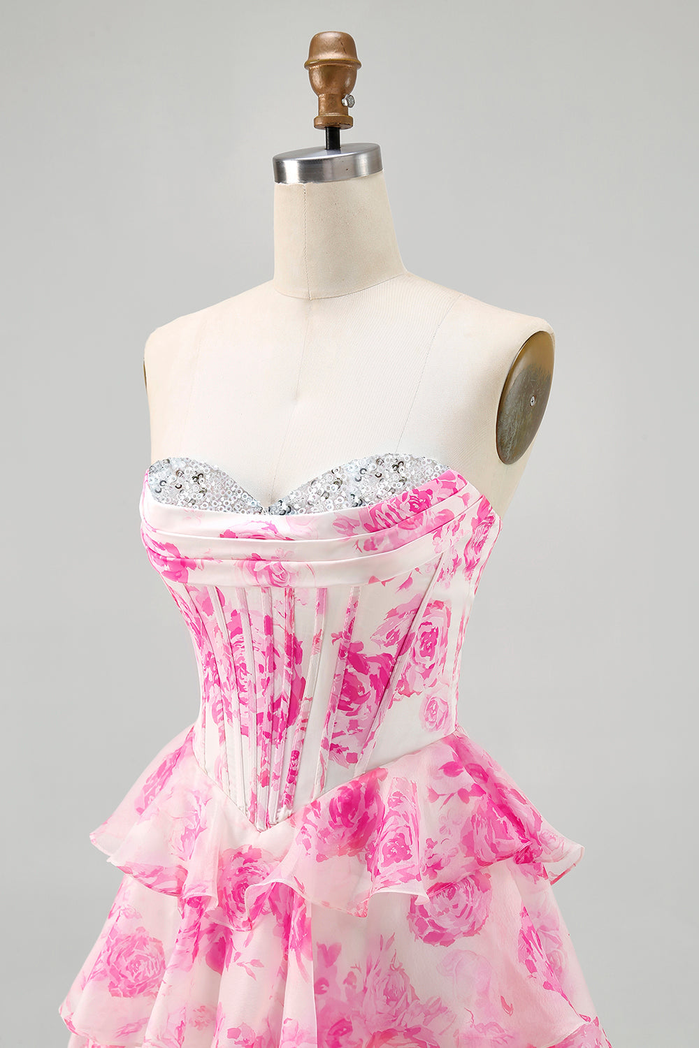 A-line White Blue Flower Strapless Corset Tiered Short Homecoming Dress with Sequins