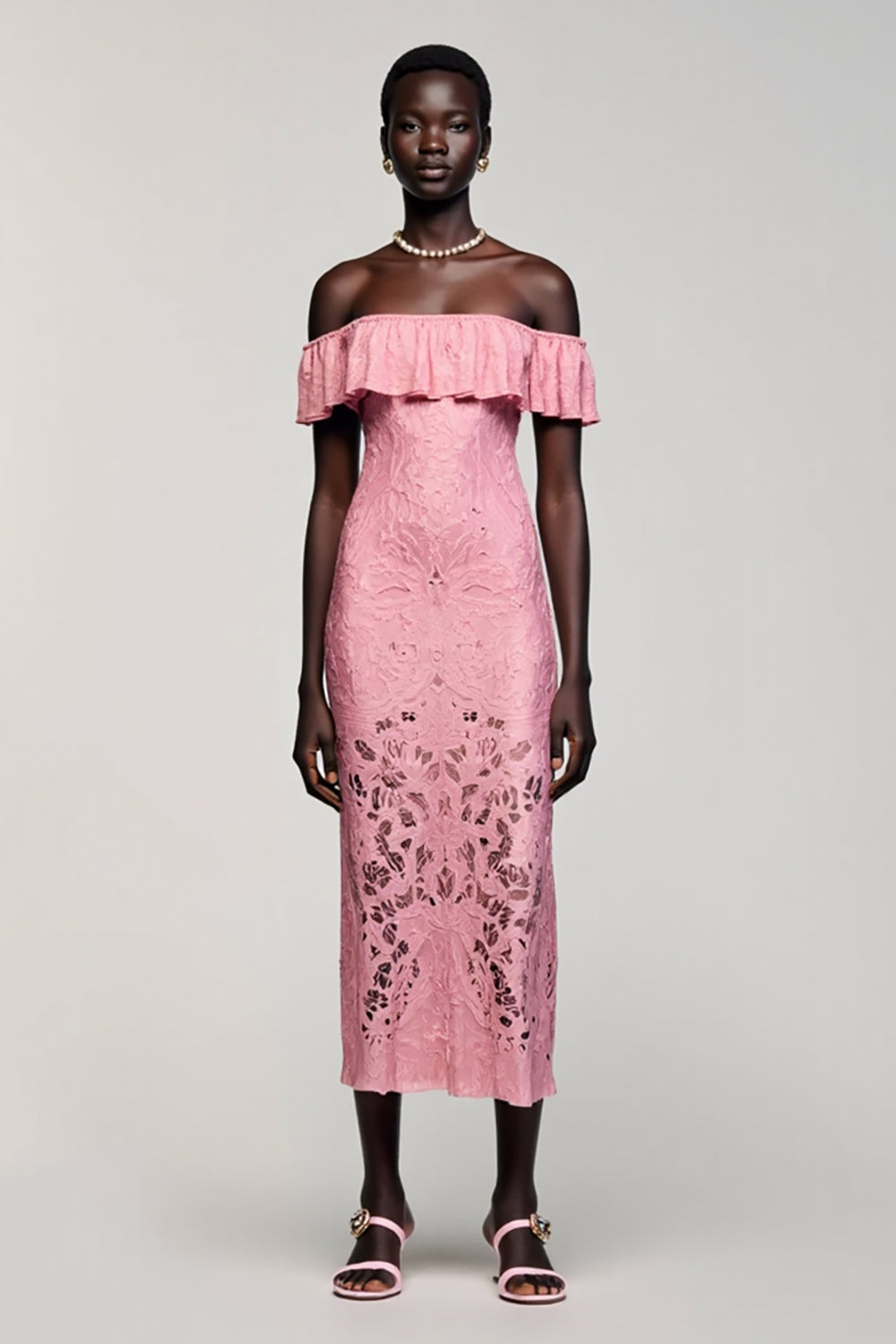 Pink Lace Sheath Off the Shoulder Wedding Guest Dress