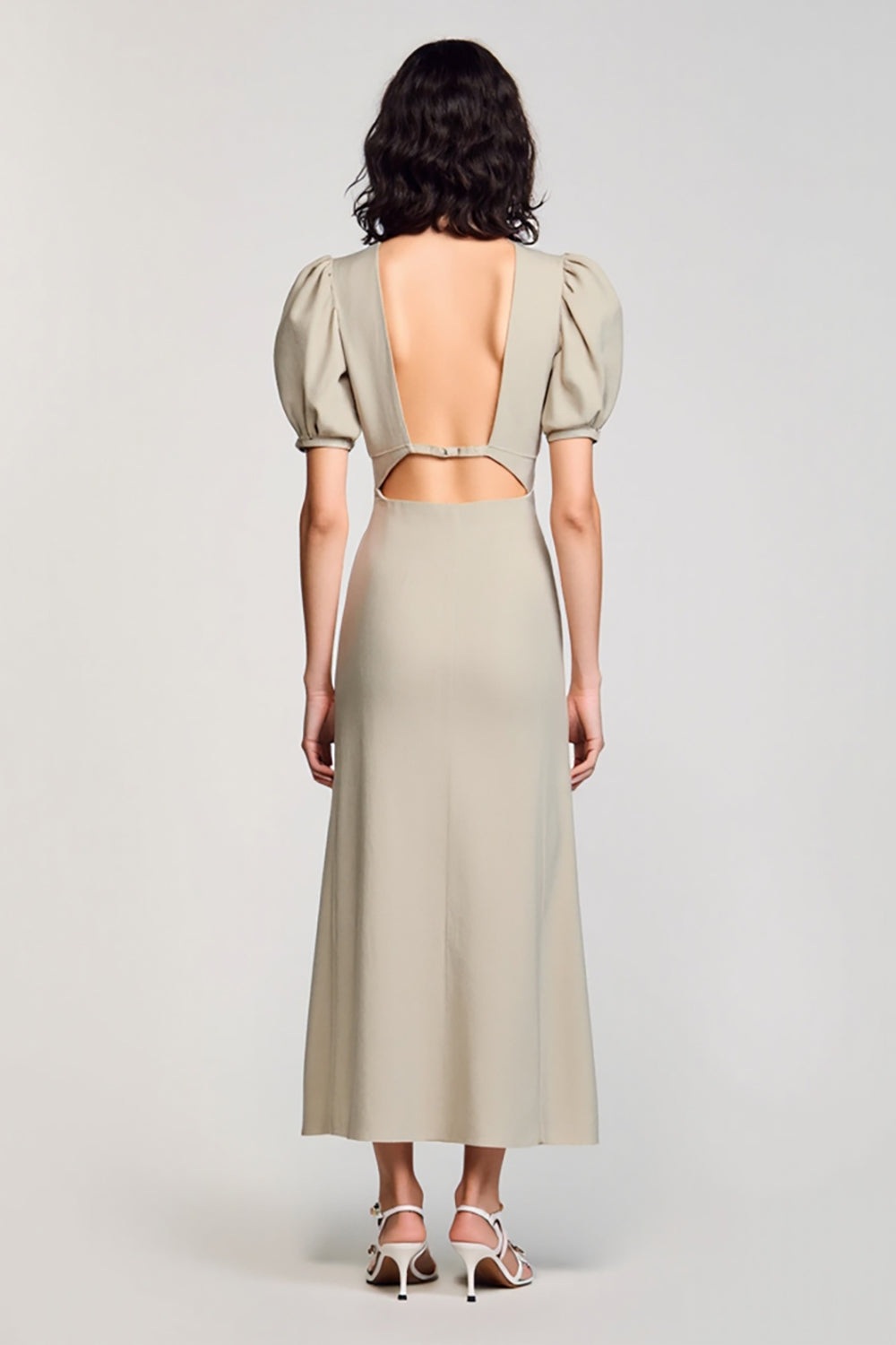 Grey Cowl Neck Satin Long Wedding Guest Dress with Puff Sleeves