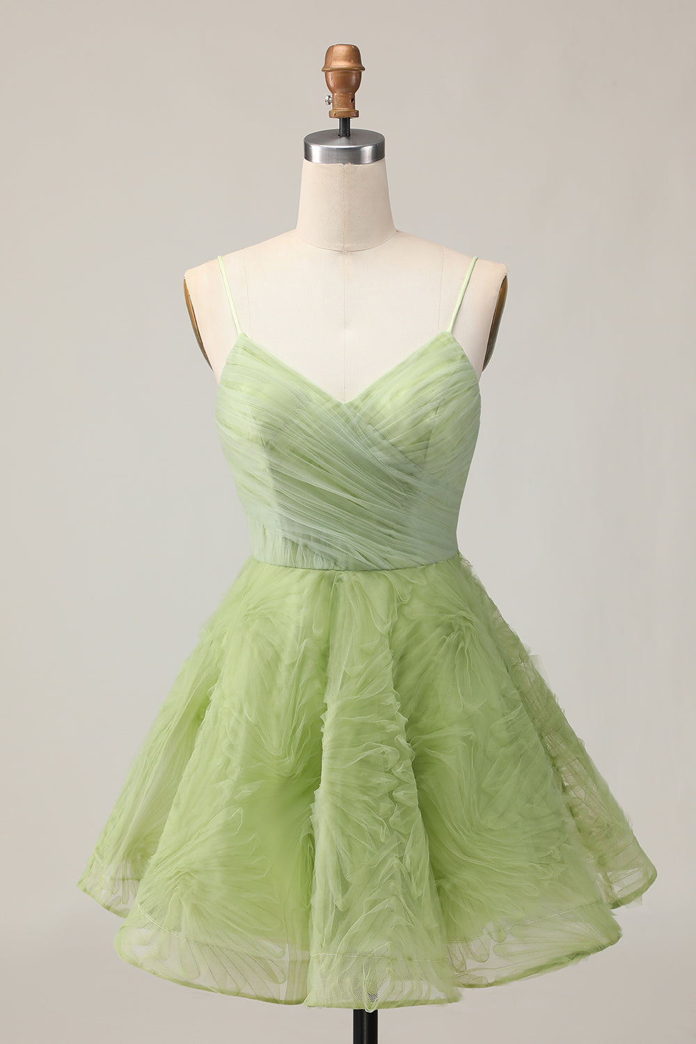 A Line Spaghetti Straps Green Ruched Short Homecoming Dress with Open Back