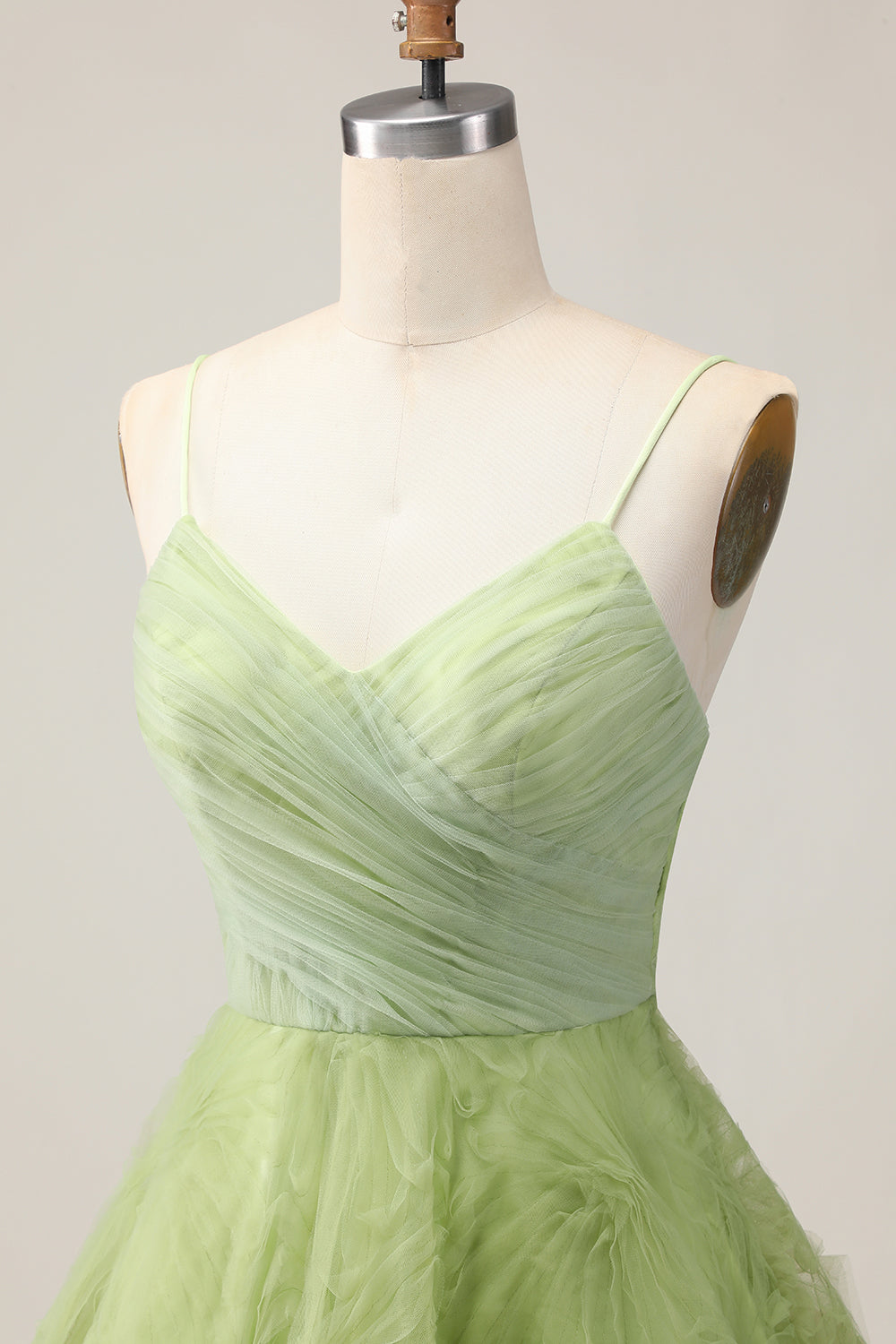 A Line Spaghetti Straps Green Ruched Short Homecoming Dress with Open Back