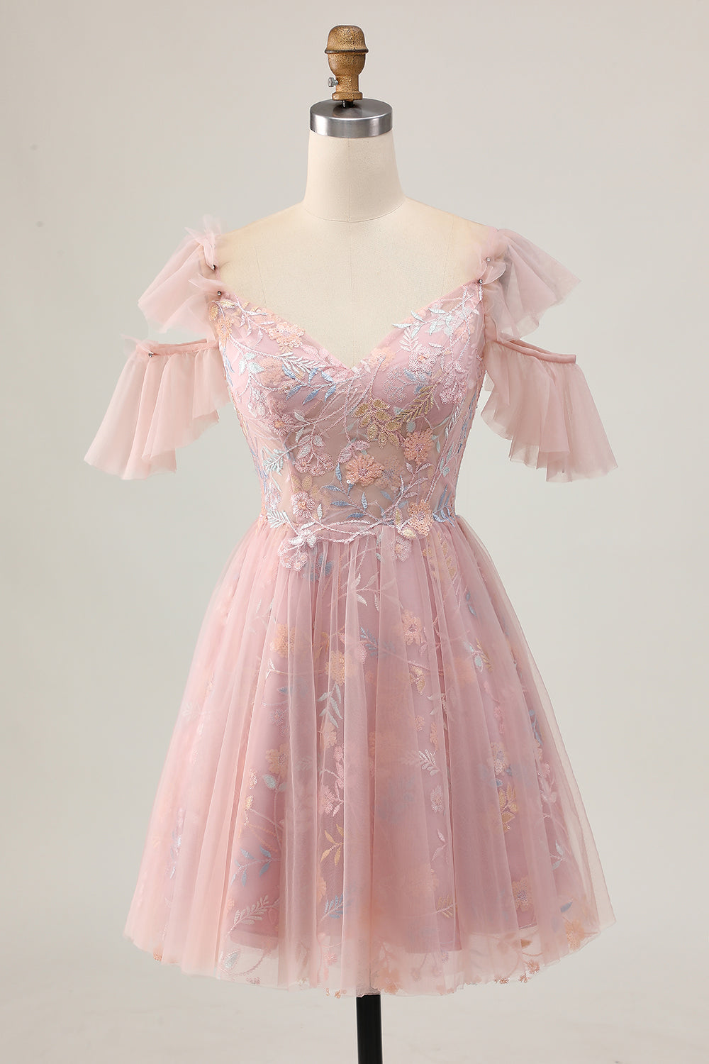 Blush A-Line Cold Shoulder Floral Short Homecoming Dress with Appliques