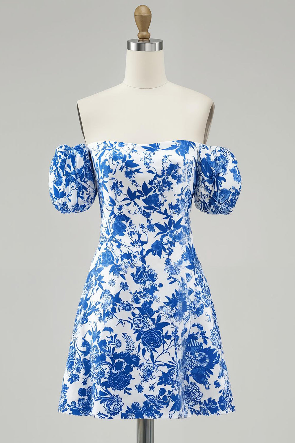 Off The Shoulder Floral A Line Blue Printed Homecoming Dress