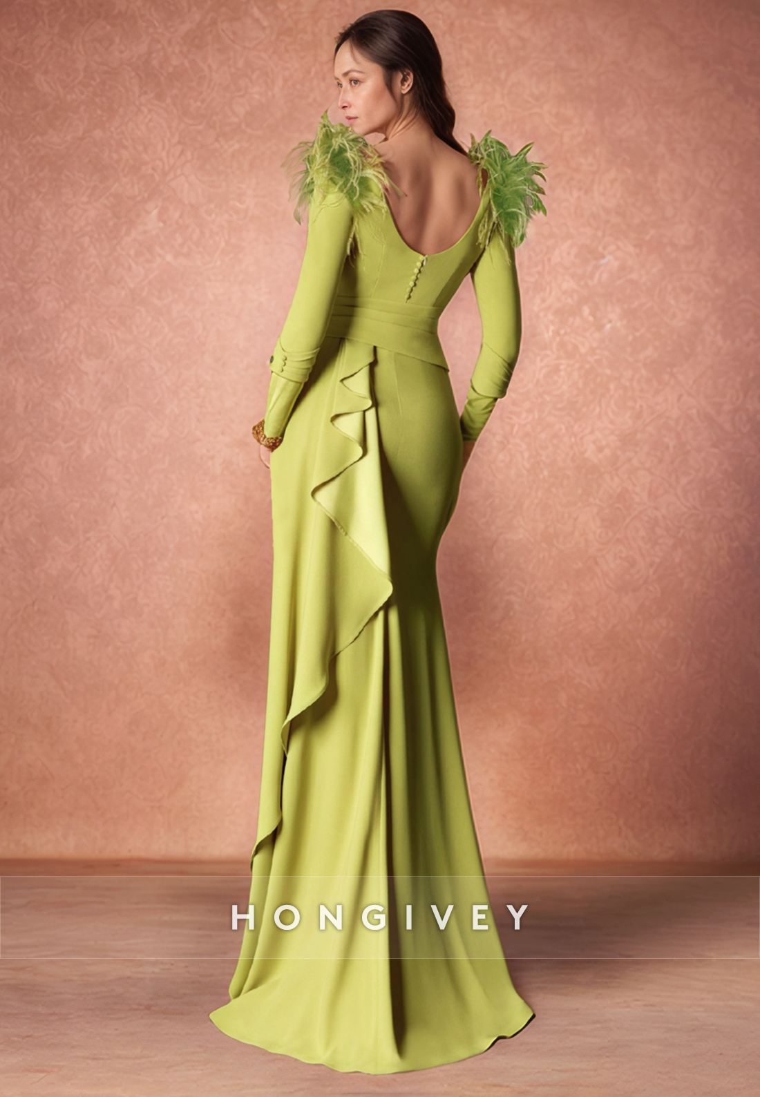 Feather V Neck Low Back Sheath Floor-Length Satin 3/4 Sleeve Pleated  Mother of the Bride Dress
