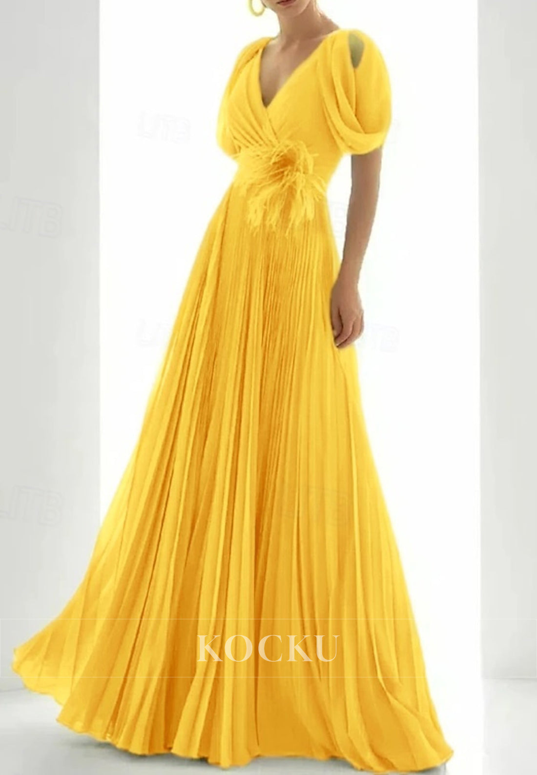 Elegant V - Neck Lime Green Gown with Puffed Short Sleeves and Feather Embellishment