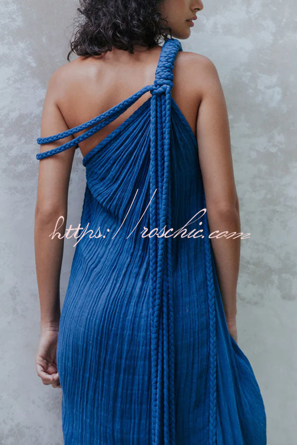 Khloe Linen Blend One Shoulder Draped Braids Cover Up Maxi Dress