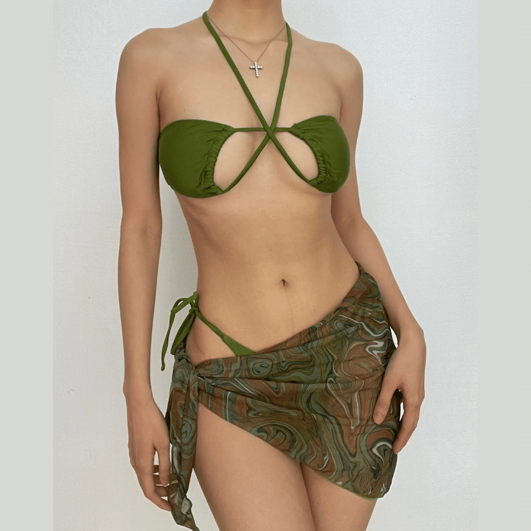 Cross front halter hollow out self tie mini dress 3 piece swimwear - Fashionpara