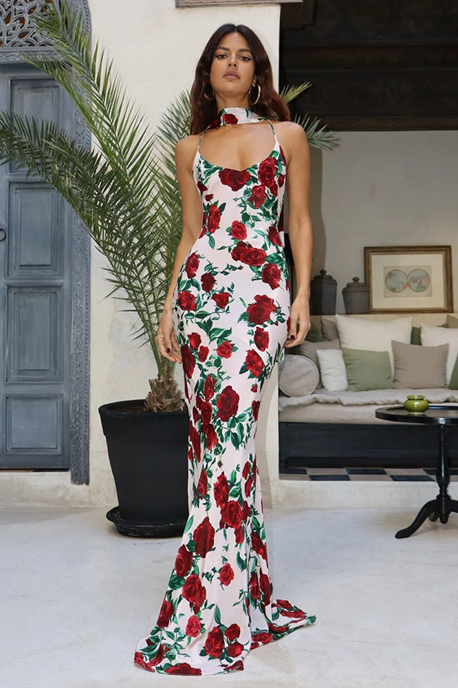 Floral Deep V Backless Maxi Dress