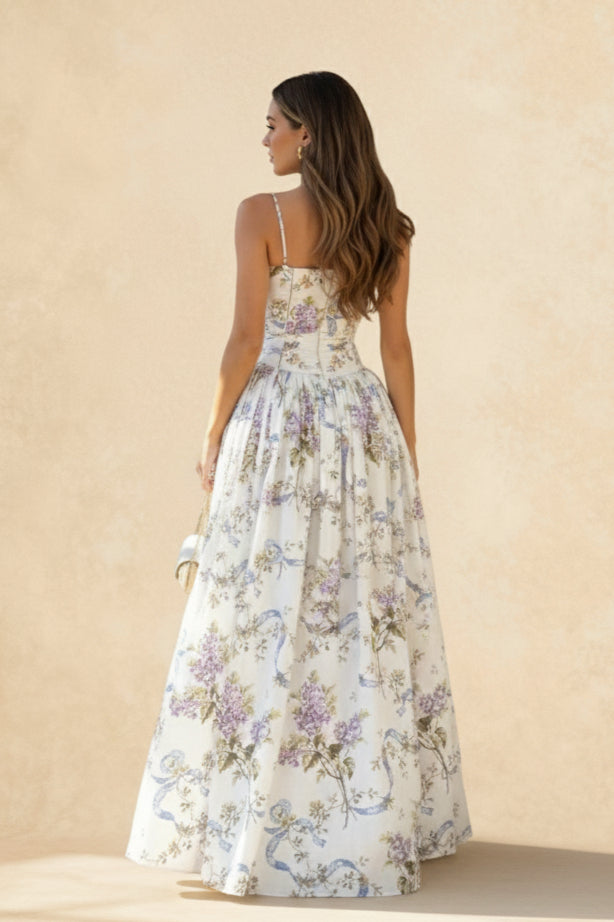 Rayon Printed Strap Pleated Chic Maxi Dress