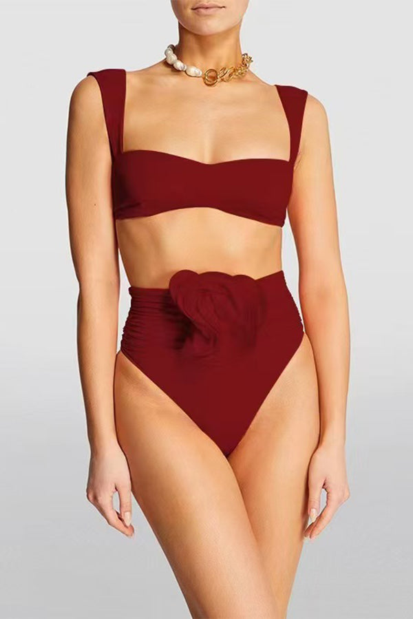 Solid Color Square Neck High Waist 3D Floral Stretch Bikini Swimsuit