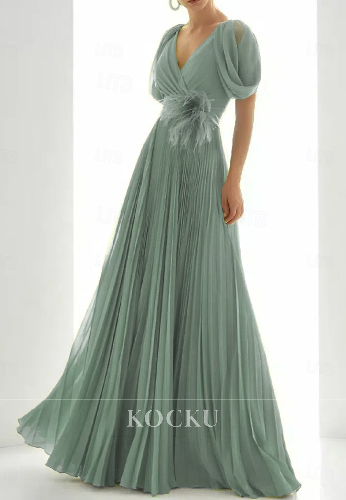 Elegant V - Neck Lime Green Gown with Puffed Short Sleeves and Feather Embellishment