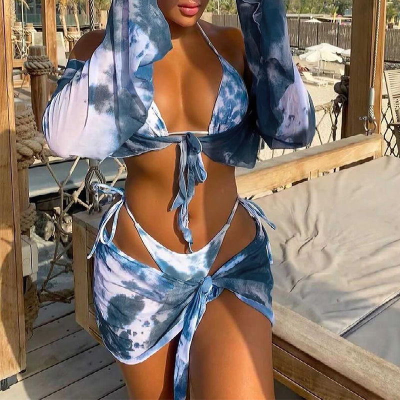Long Sleeve Tie Dye Bikini Mesh Skirt Swimsuit Women String High Cut Swimwear Triangle Micro Bathing Suit Swimming