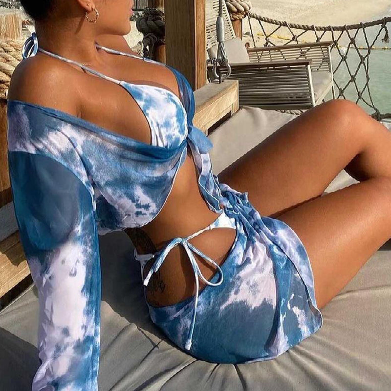 Long Sleeve Tie Dye Bikini Mesh Skirt Swimsuit Women String High Cut Swimwear Triangle Micro Bathing Suit Swimming