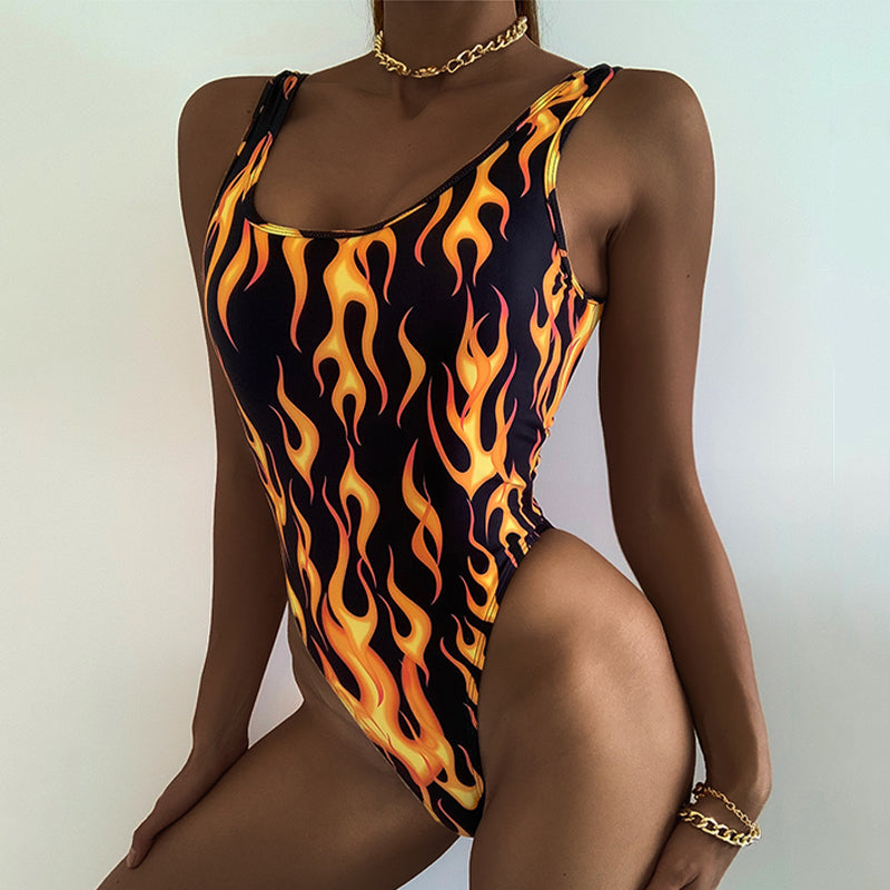 Fire Print Retro Sexy Swimsuit Women High Cut Bodysuit One-Piece Suit Women One Piece Swimsuit Push Up Swimwear
