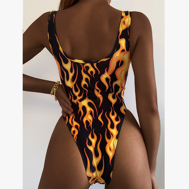 Fire Print Retro Sexy Swimsuit Women High Cut Bodysuit One-Piece Suit Women One Piece Swimsuit Push Up Swimwear