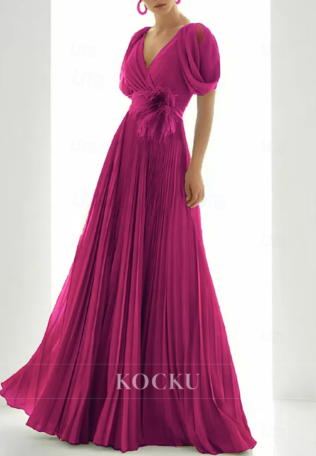 Elegant V - Neck Lime Green Gown with Puffed Short Sleeves and Feather Embellishment
