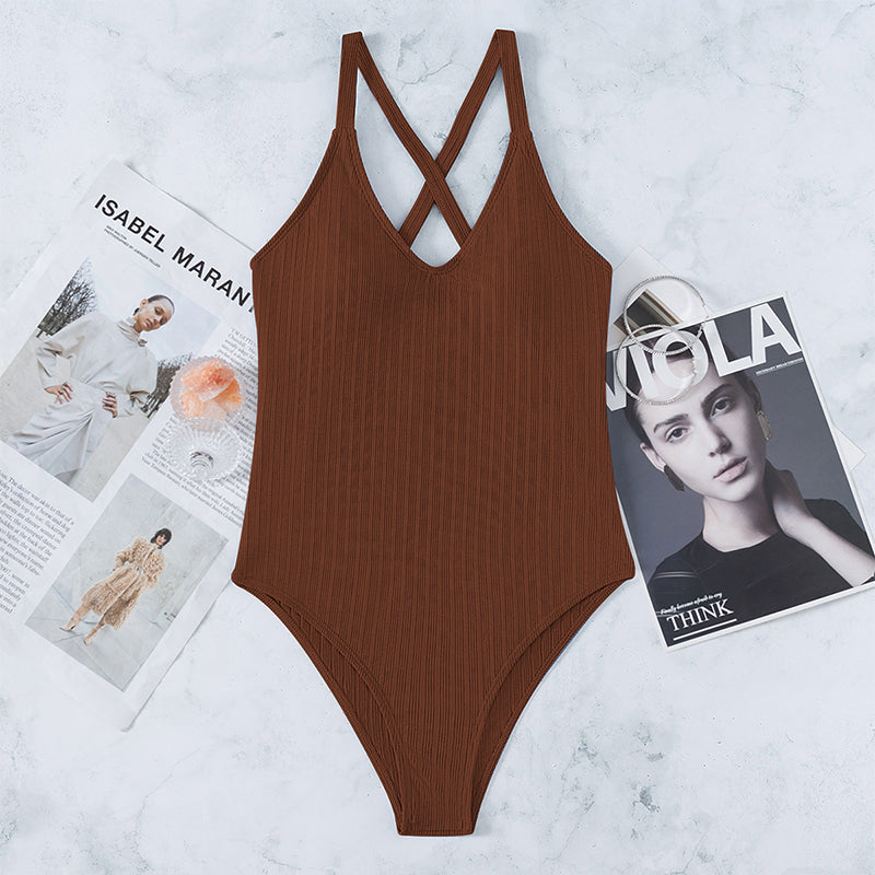 V-Neck One Piece Swimsuit Women Sexy Solid Bathing Suits High Cut Swimwear