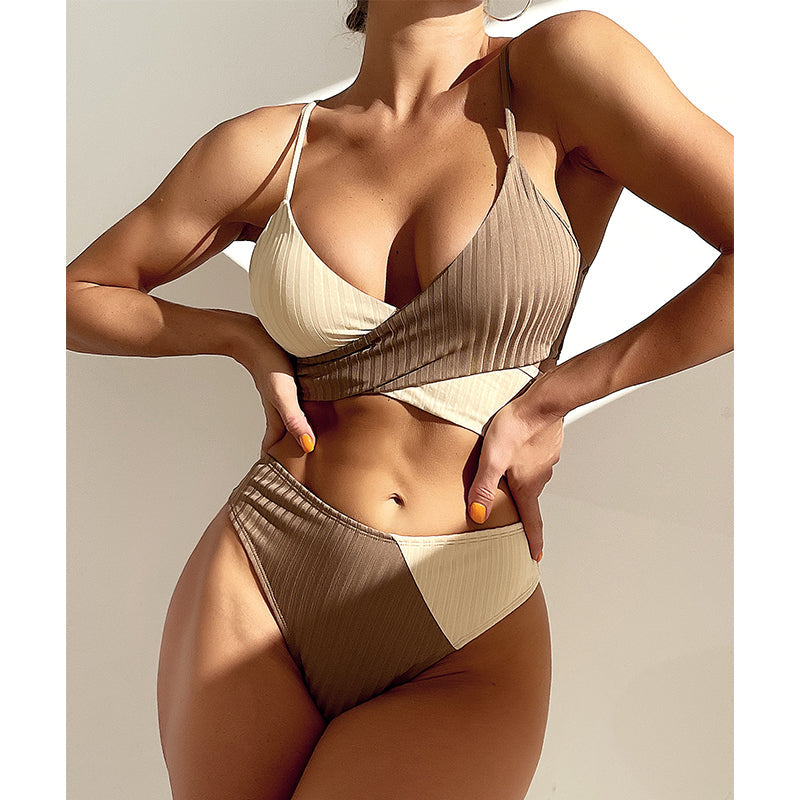 Patchwork Bikini Set Bandeau Swimsuit Women Sports Bathing Suits Swimwear
