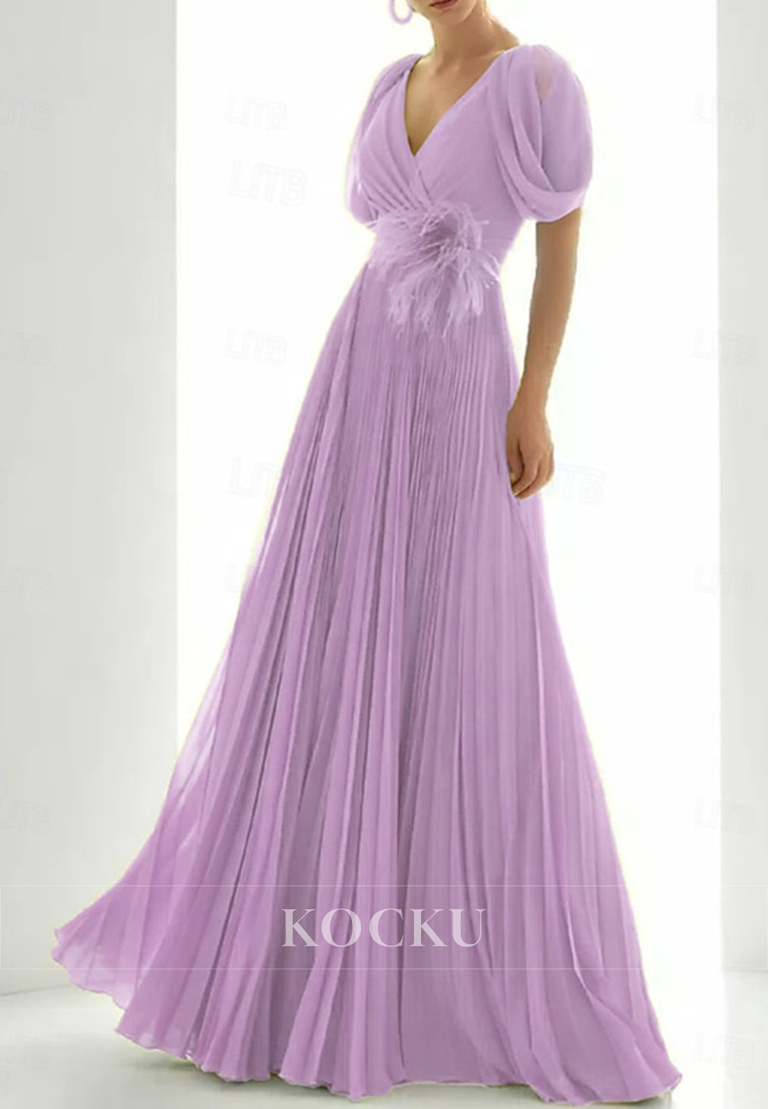 Elegant V - Neck Lime Green Gown with Puffed Short Sleeves and Feather Embellishment