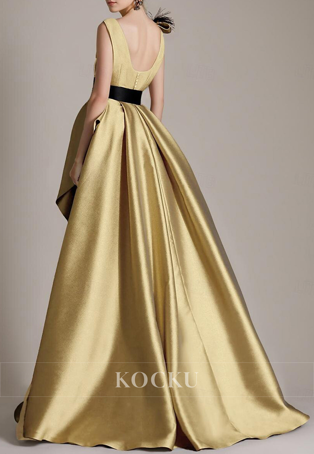 Glamorous Sleeveless Gold Gown with Deep V - Neck, Black Belt and Feather - Embellished Bow