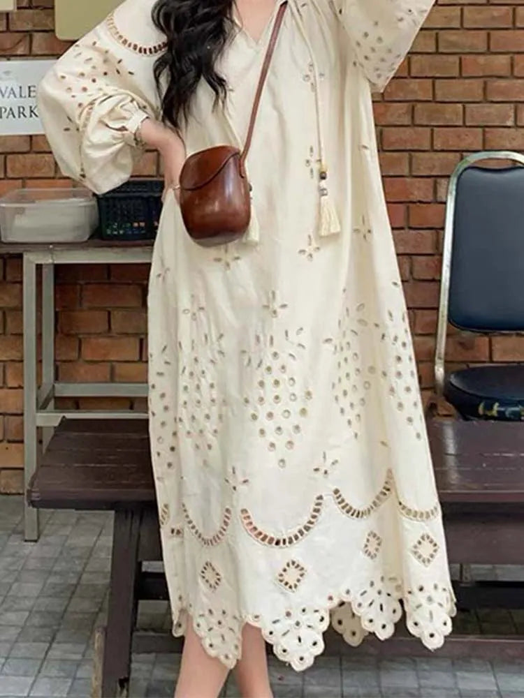 2024 Korean Style Vintage Long Sleeve V-Neck Boho Hollow Out Maxi Dress