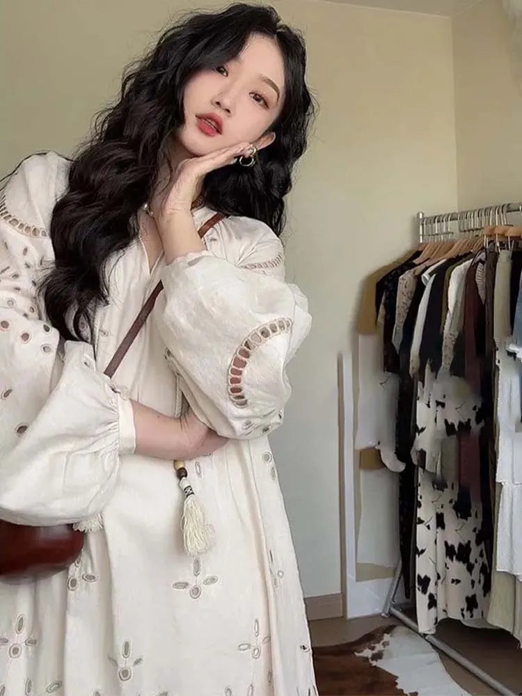 2024 Korean Style Vintage Long Sleeve V-Neck Boho Hollow Out Maxi Dress