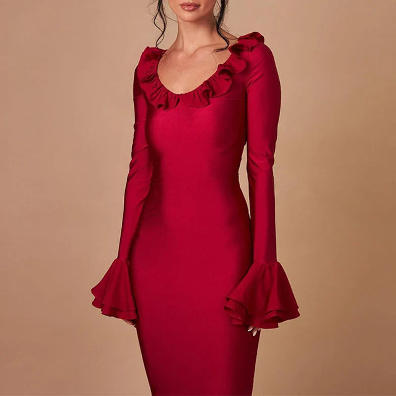 2024 Elegant Solid Color O Neck Flare Sleeve Lace-up Ruffles Maxi Dress