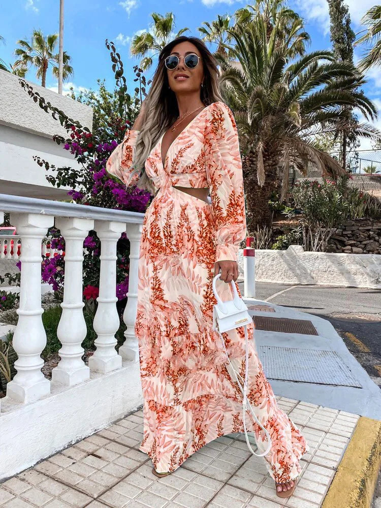 2024 Elegant V-Neck Print Long Sleeve Maxi Dress