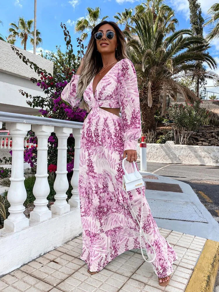 2024 Elegant V-Neck Print Long Sleeve Maxi Dress
