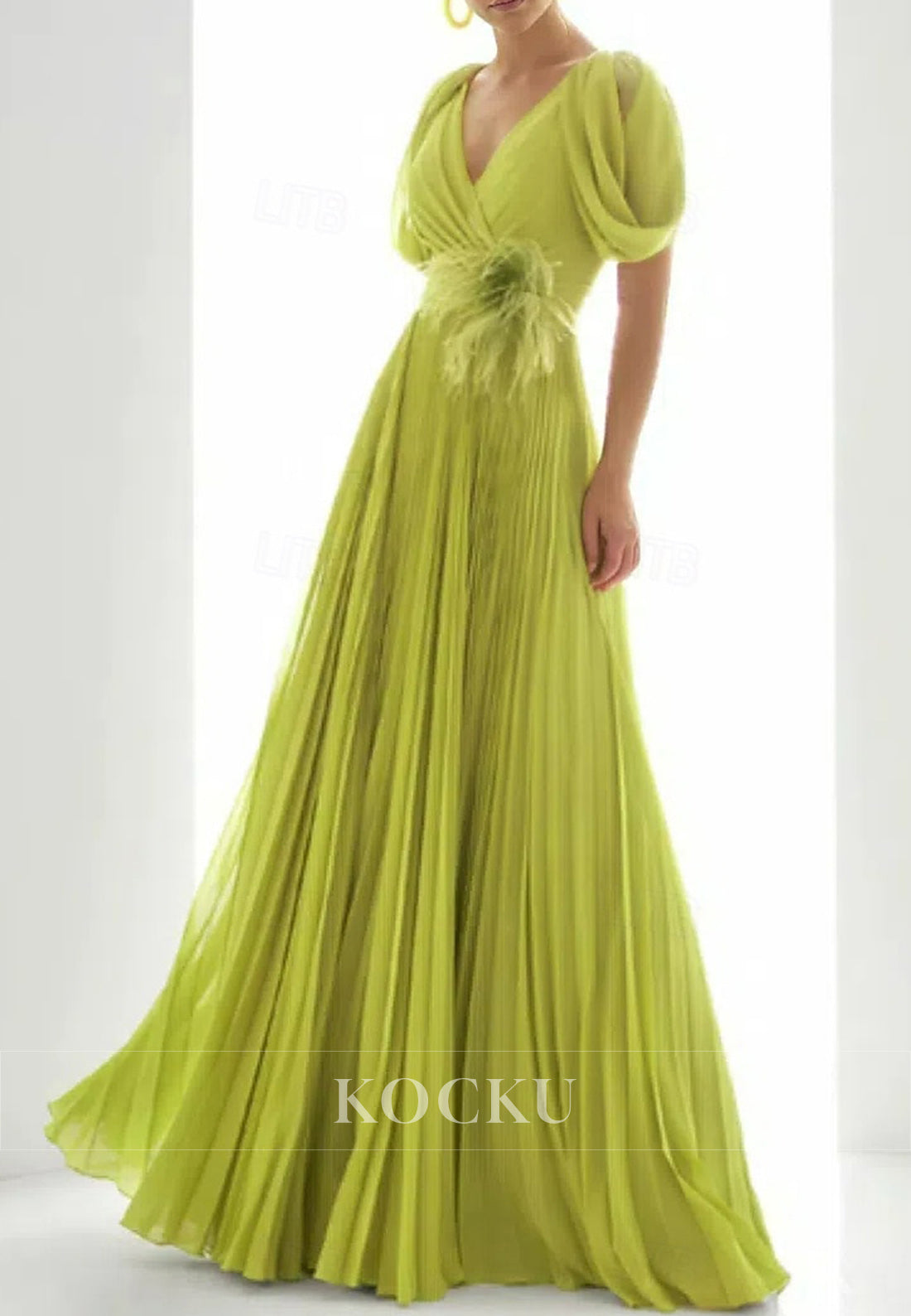 Elegant V - Neck Lime Green Gown with Puffed Short Sleeves and Feather Embellishment