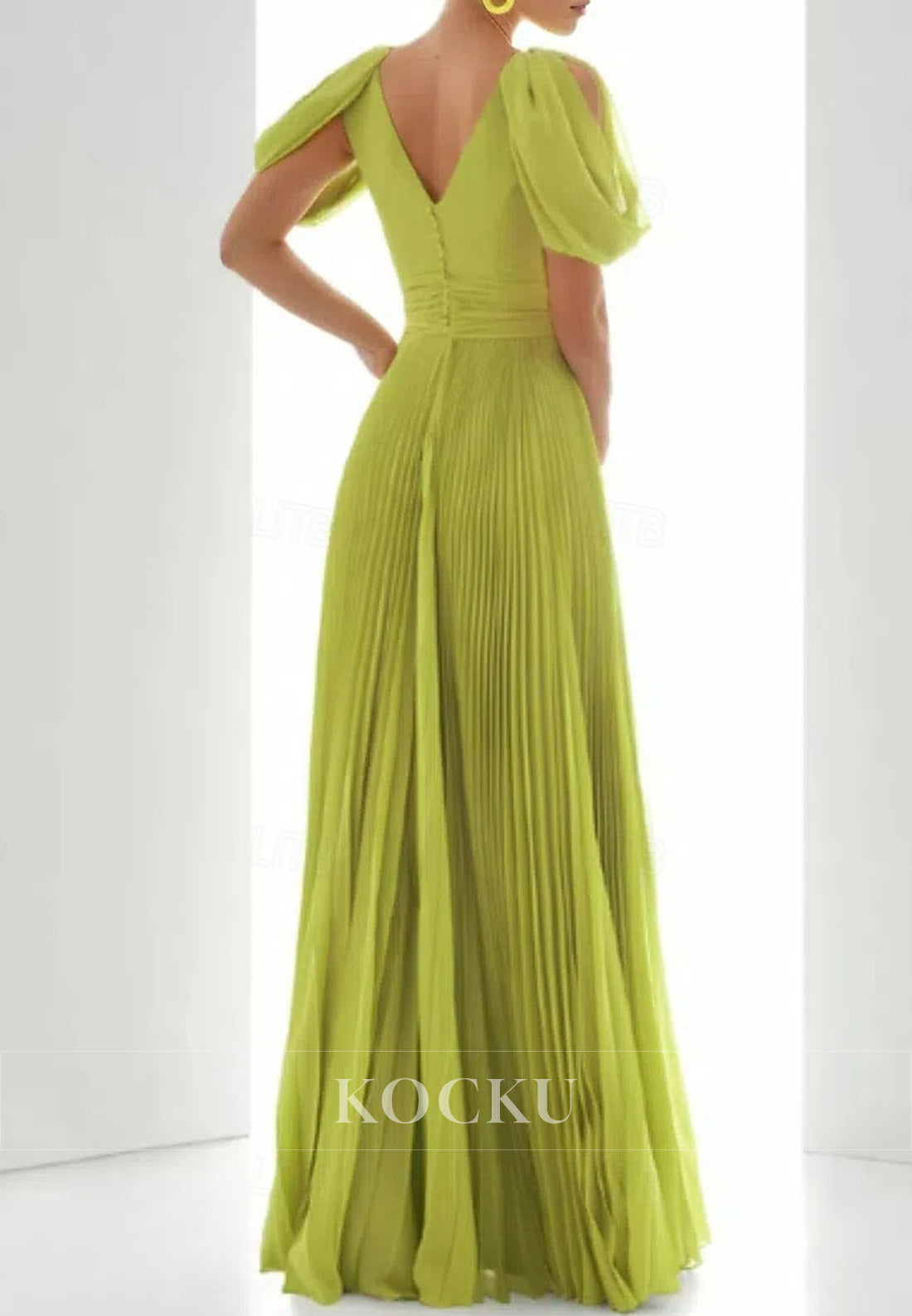 Elegant V - Neck Lime Green Gown with Puffed Short Sleeves and Feather Embellishment