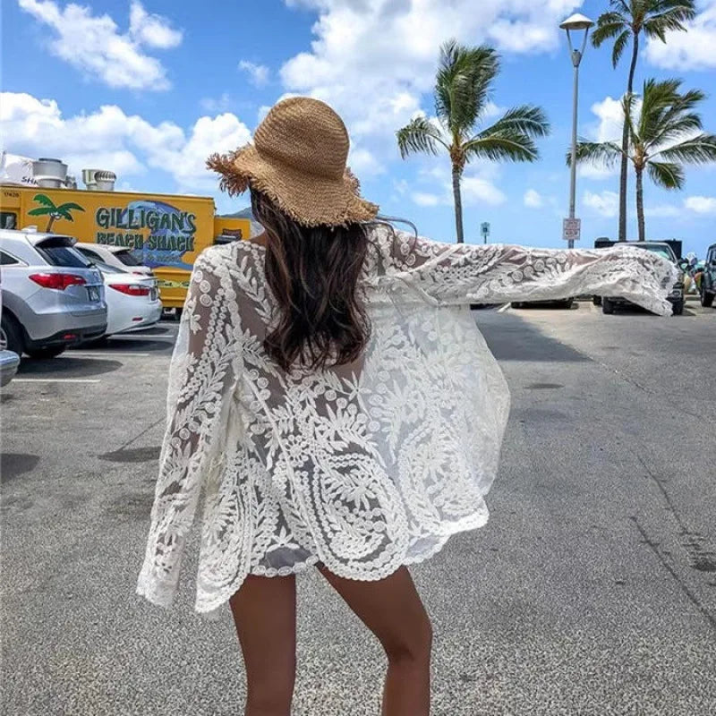 White Lace Kimono Boho Bikini Cover up - Fashionpara