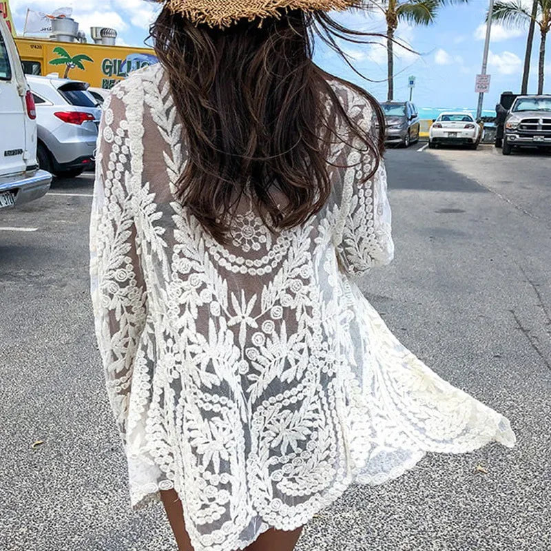 White Lace Kimono Boho Bikini Cover up - Fashionpara
