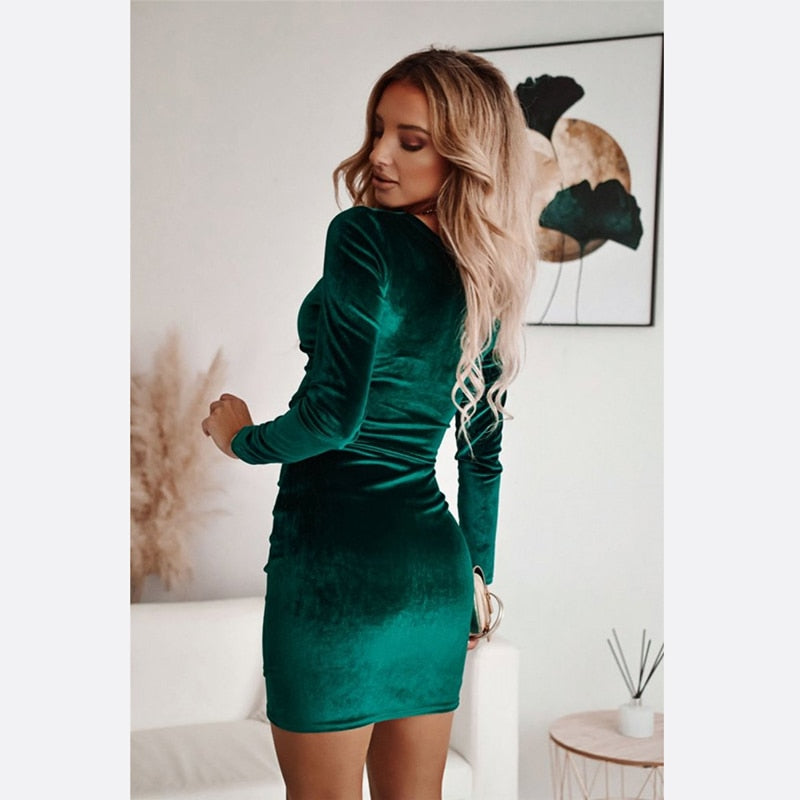 Elegant Gold Velvet Mini Dress Sexy Hip Dresses Solid Long Sleeve Party Dress