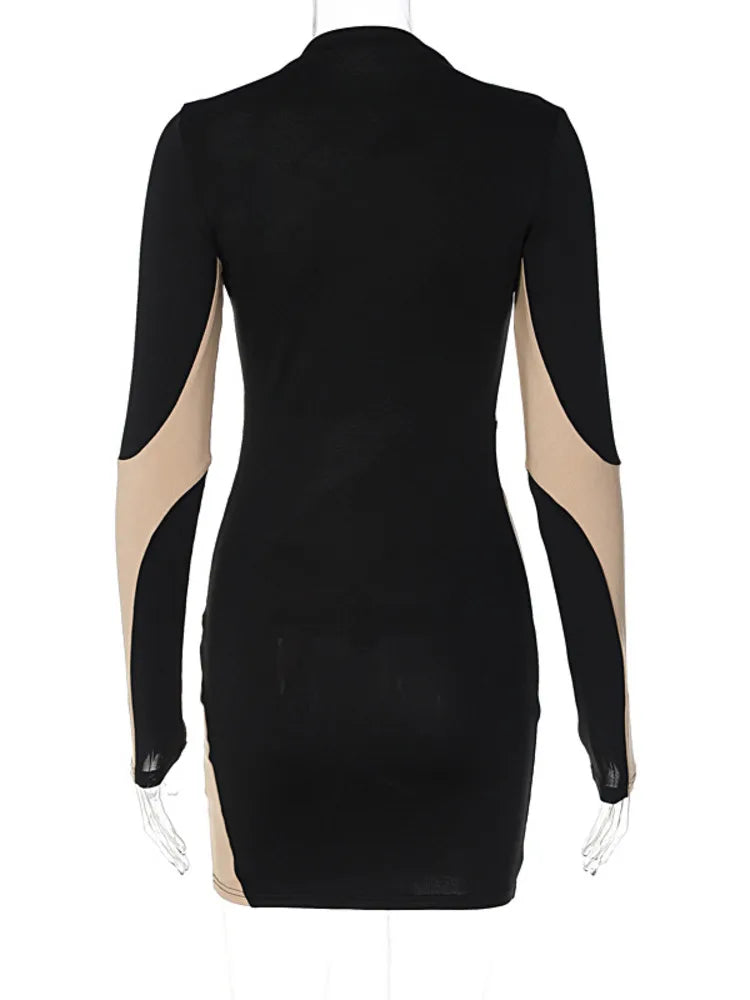 2024 Patchwork Contrast Color O Neck Mini Dress Cut Out Dresses