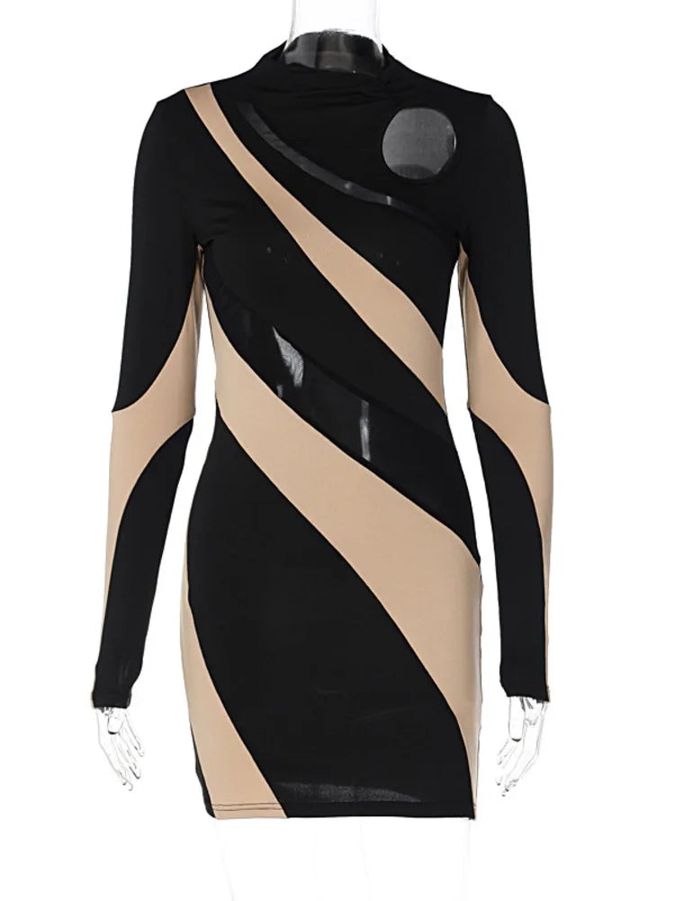 2024 Patchwork Contrast Color O Neck Mini Dress Cut Out Dresses