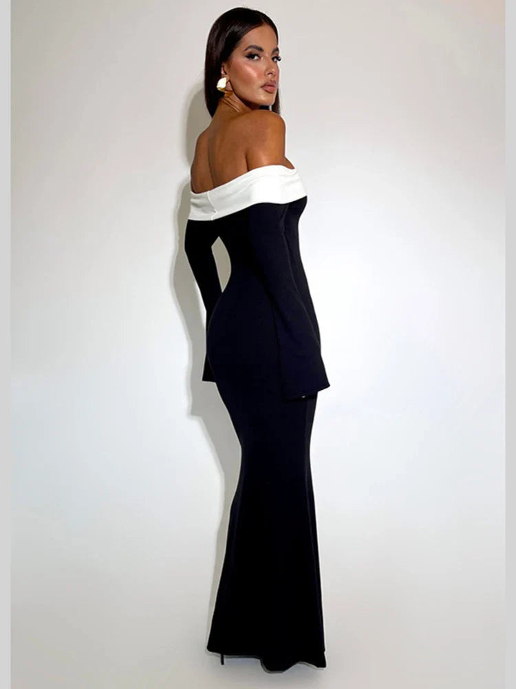2024 Contrast Color Off-shoulder Backless Maxi Dress