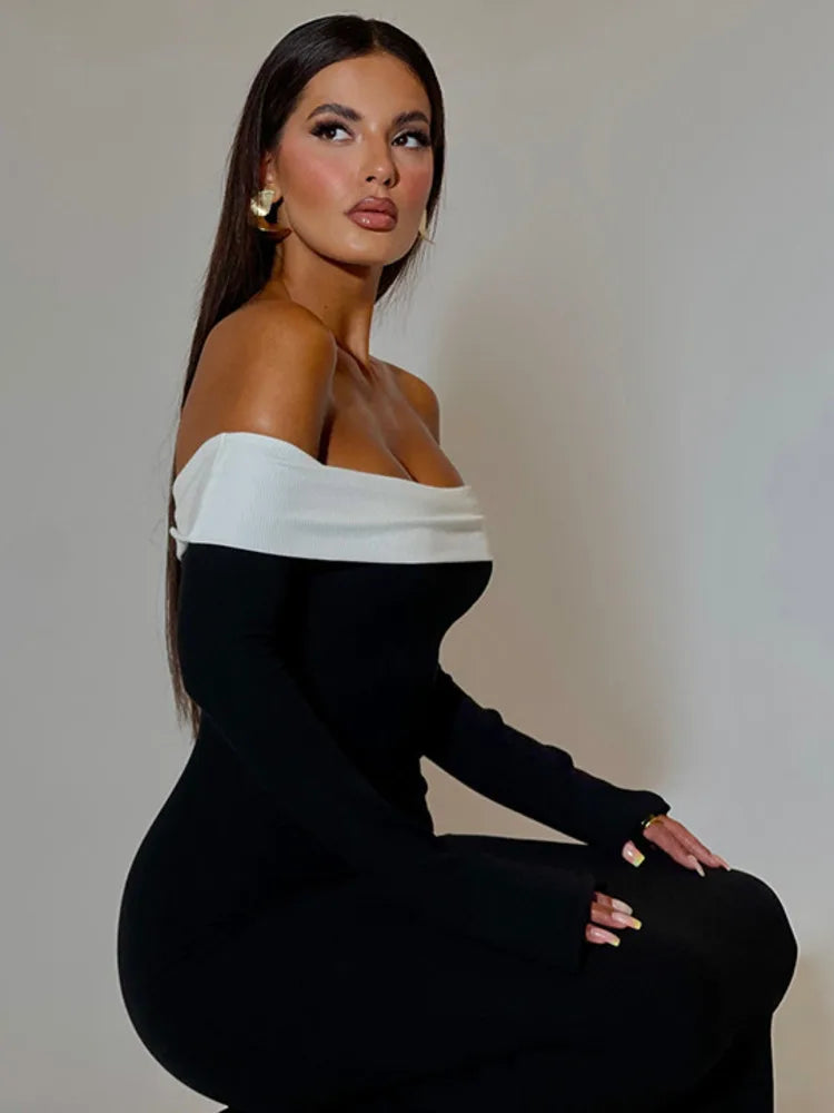 2024 Contrast Color Off-shoulder Backless Maxi Dress