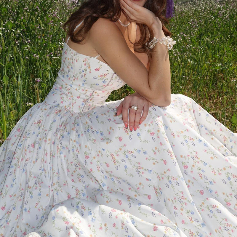 Women Clothing Summer Sexy French Pastoral Holiday Floral Strap Dress Maxi Dress for Women